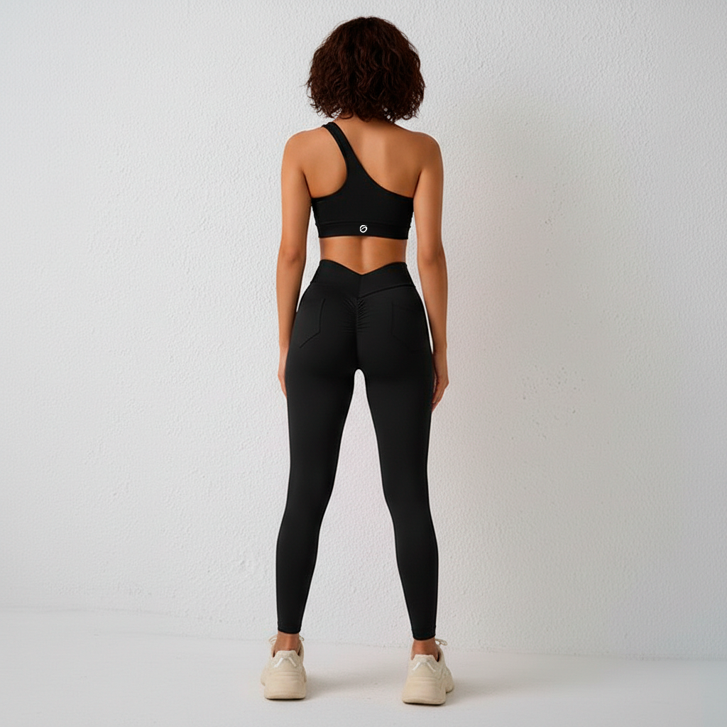 Conjunto Deportivo de Yoga y Gimnasio para Mujer – Top de Un Hombro con Relleno, Leggings con Bolsillo
