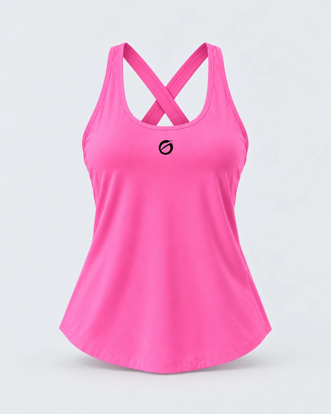 Astarté Tank rosa fucsia, vista frontal sin modelo, con bajo curvo y logotipo negro.