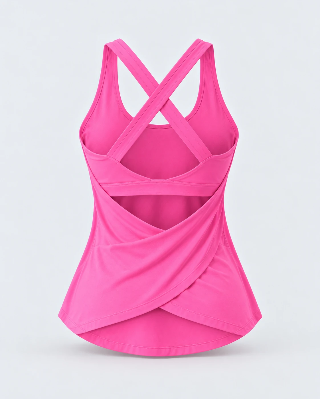 Astarté Tank rosa fucsia, vista trasera sin modelo, con tirantes en X y bajo cruzado.