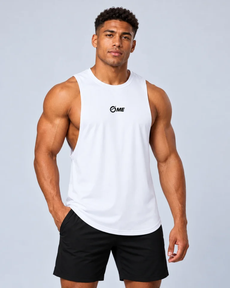 Camiseta MOTYA blanca sin mangas, vista frontal sobre modelo con logo negro OME.