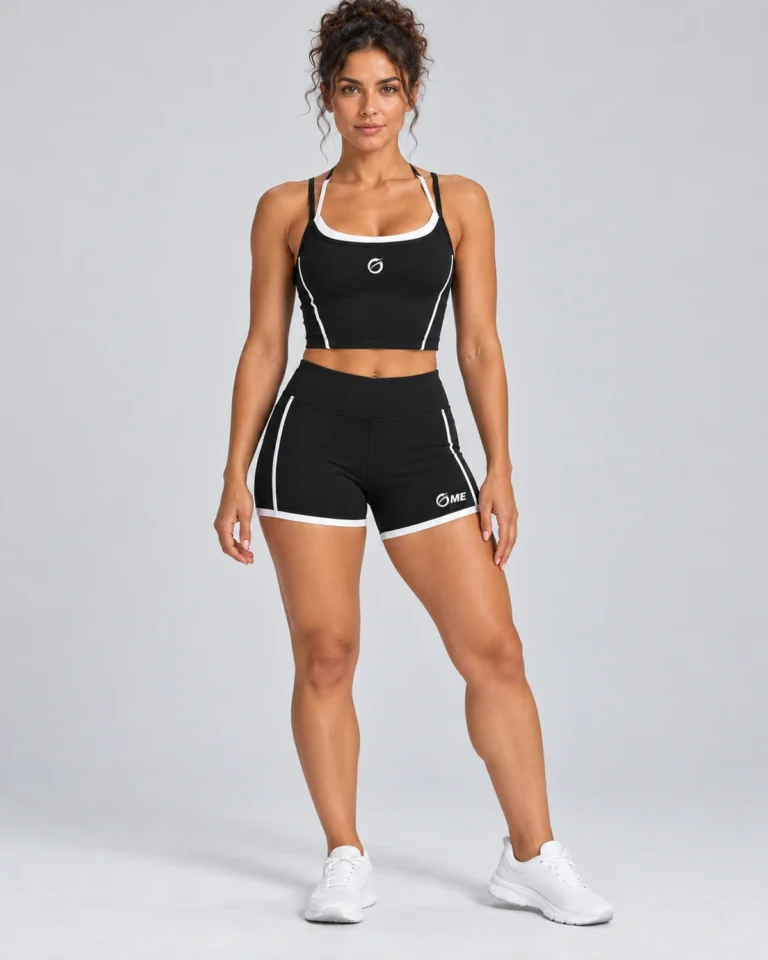 Conjunto Puerto Veda negro con ribetes blancos, vista frontal con modelo.