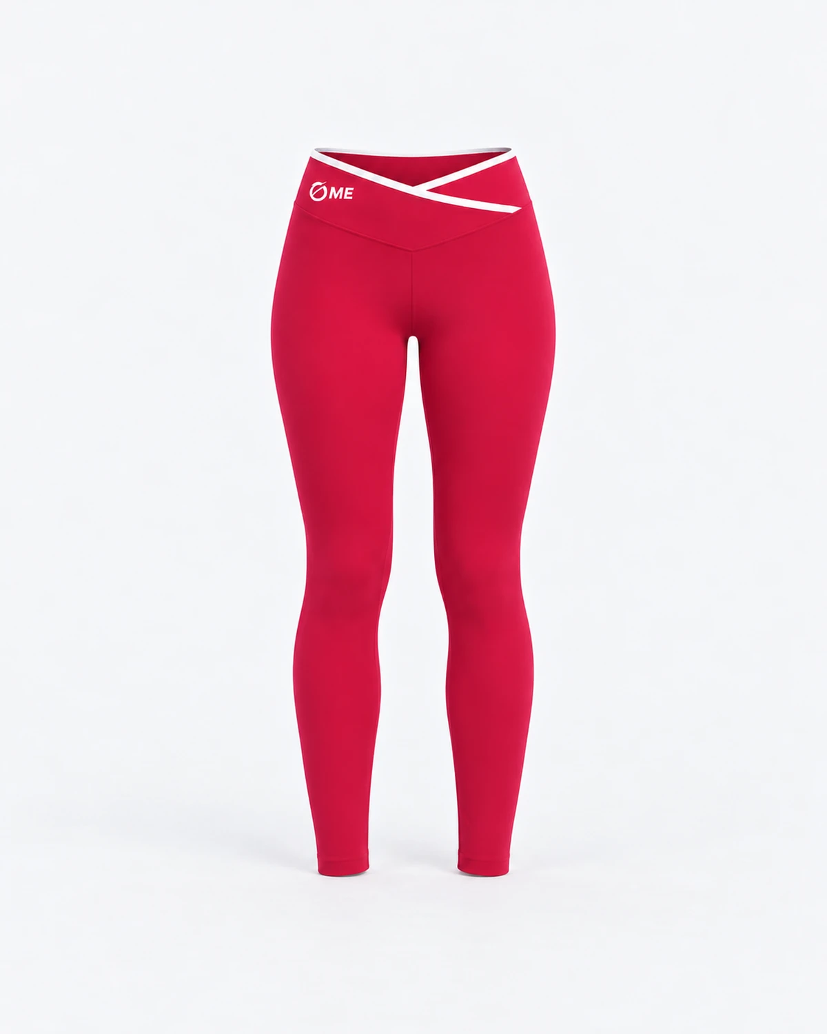 Leggings largos ULIA rojos #C91546 con cintura cruzada y ribetes blancos, vista frontal sin modelo.